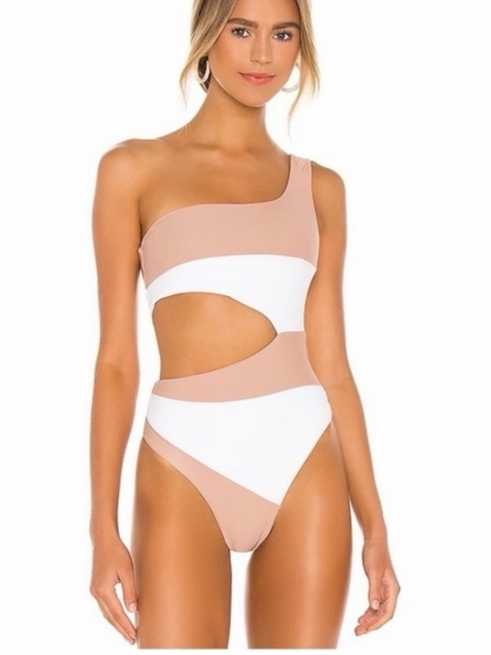 Camila Coelho Rumba One Piece Swimsuit Nude / White Cut Out One Shoulder